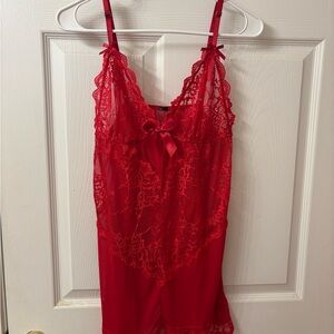 Fashion Nova Vibrant Red Lace Sheer Chemise with Bow Detail